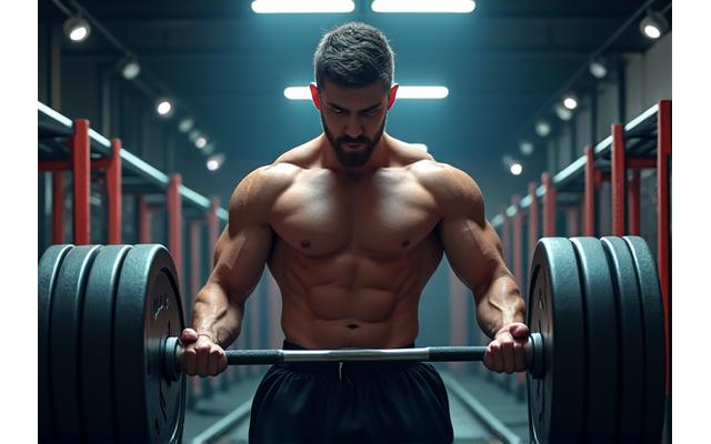 Athlete lifting weights in a gym with vibrant lighting